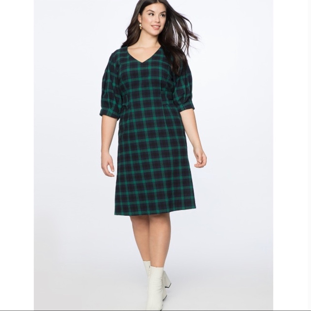 Eloquii Plaid Flannel Midi Dress with Puff Sleeves 16W